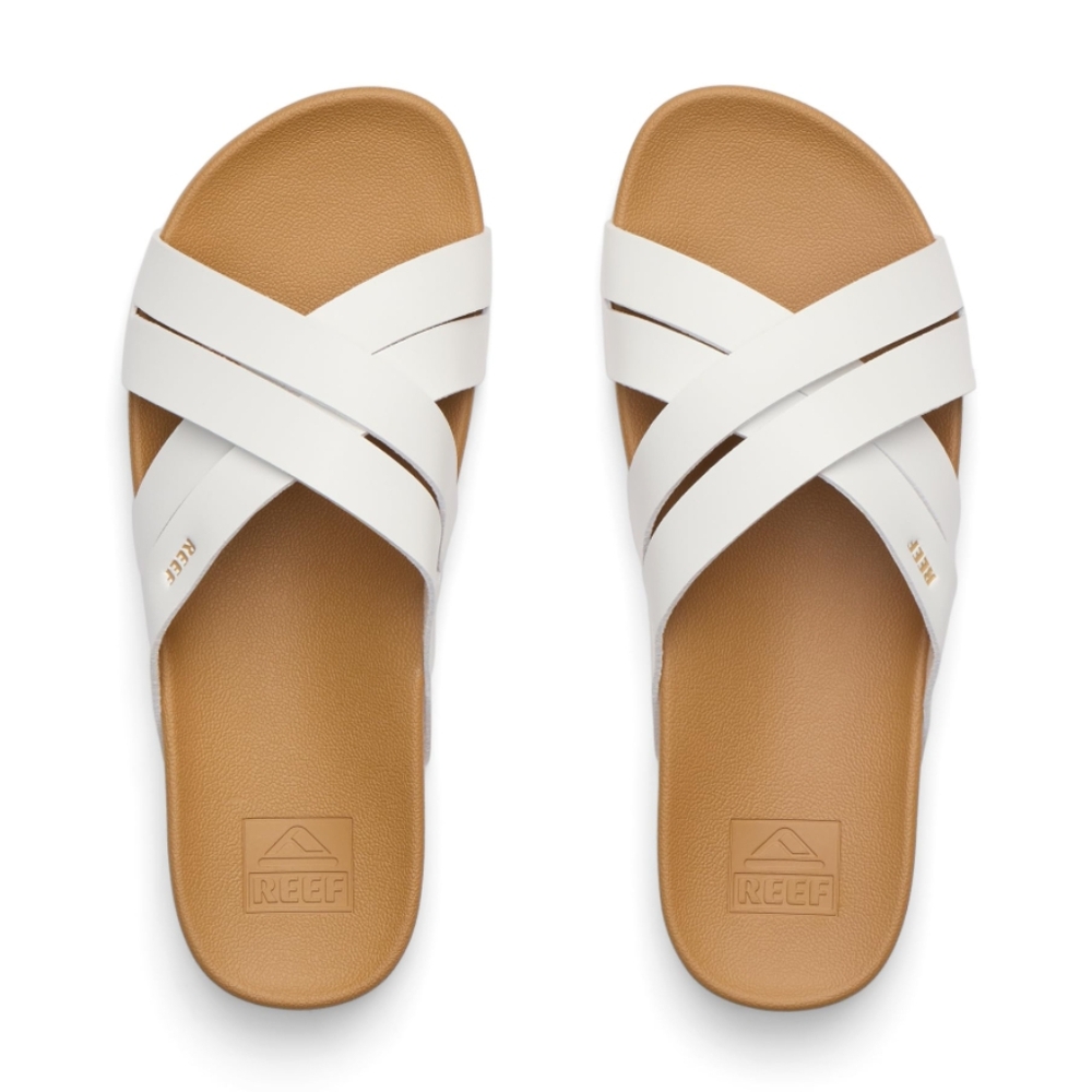 Like NEW. Women's Reef Slide Sandals, Cushion Spring Bloom, White/Tan. Worn Once